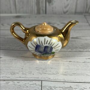 Gold and White Mini Ceramic Teapot - Some scratches and dings